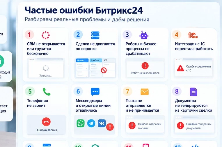 Типовые ошибки CRM, интеграций, телефонии и документов Битрикс24