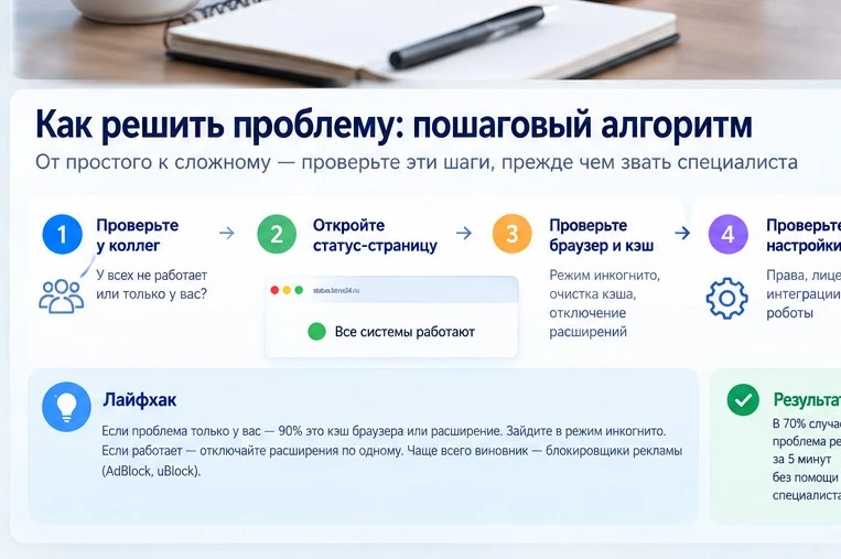 Пошаговая диагностика Битрикс24: коллеги, статус сервиса, браузер и настройки